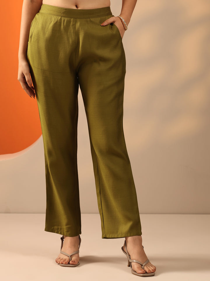 Olive Yoke Design Silk Blend Straight Suit Set With Dupatta