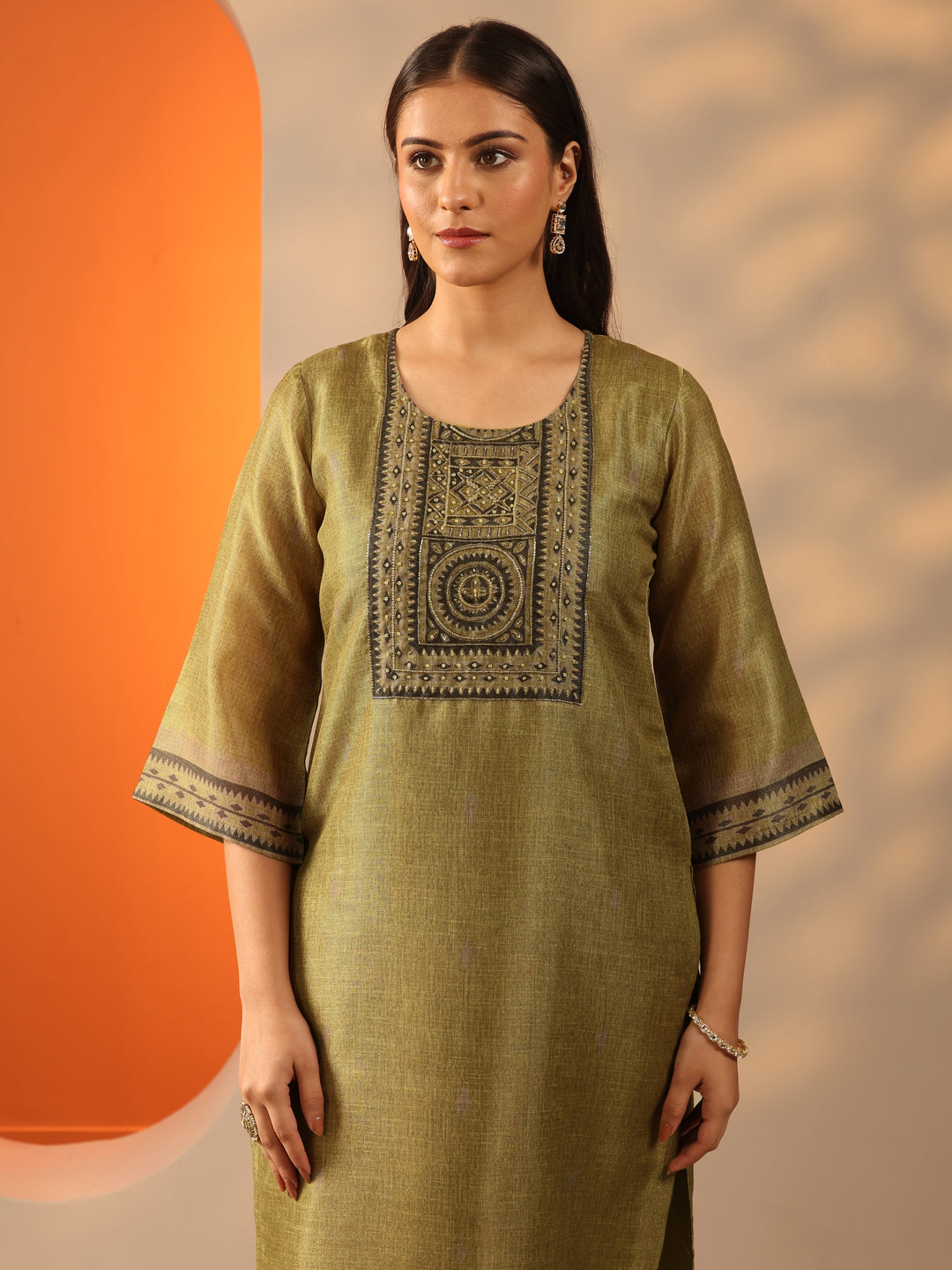 Olive Yoke Design Silk Blend Straight Suit Set With Dupatta