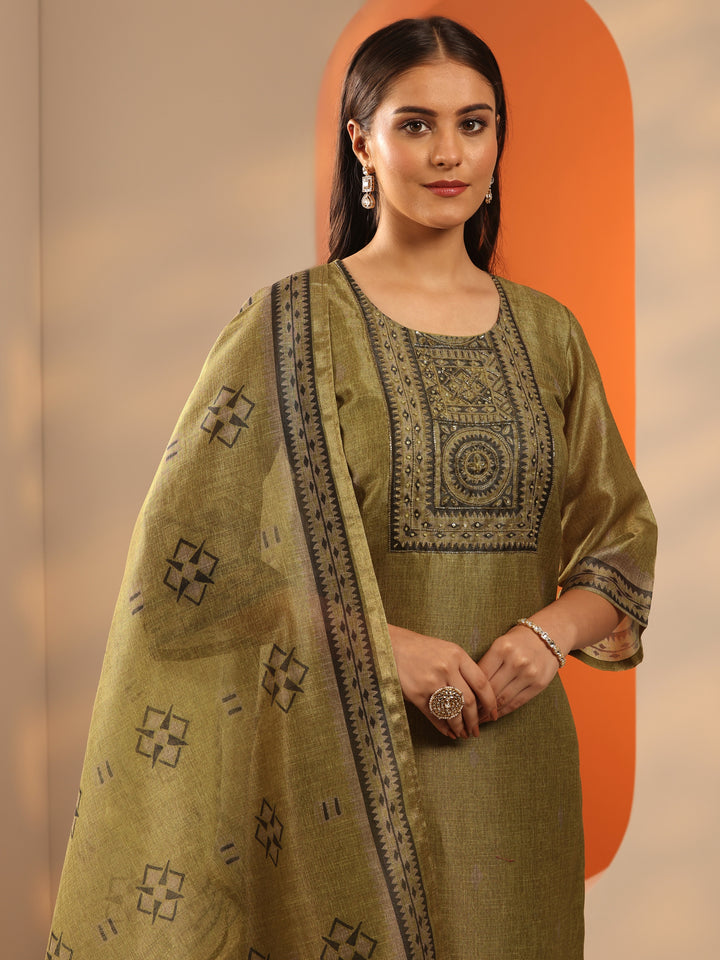 Olive Yoke Design Silk Blend Straight Suit Set With Dupatta