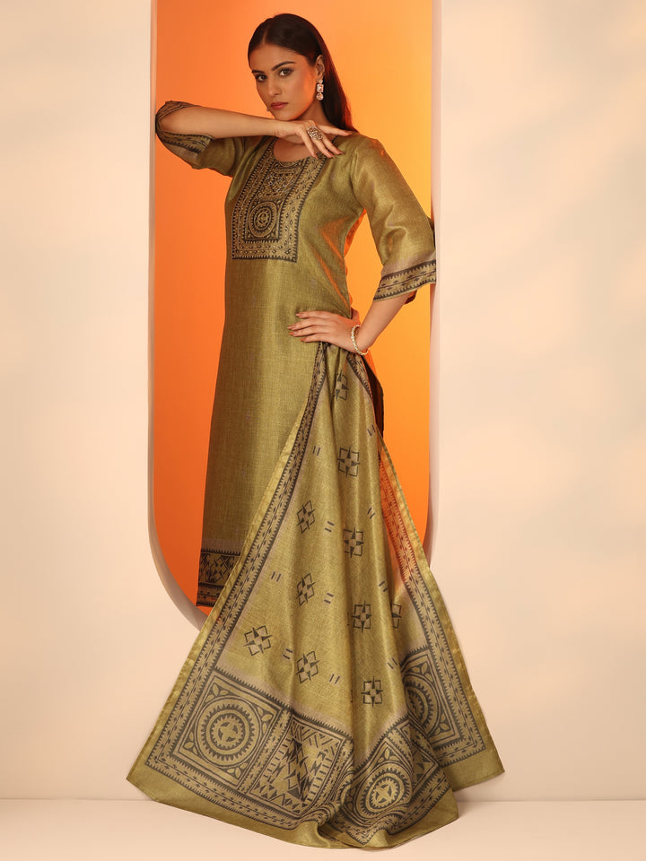 Olive Yoke Design Silk Blend Straight Suit Set With Dupatta