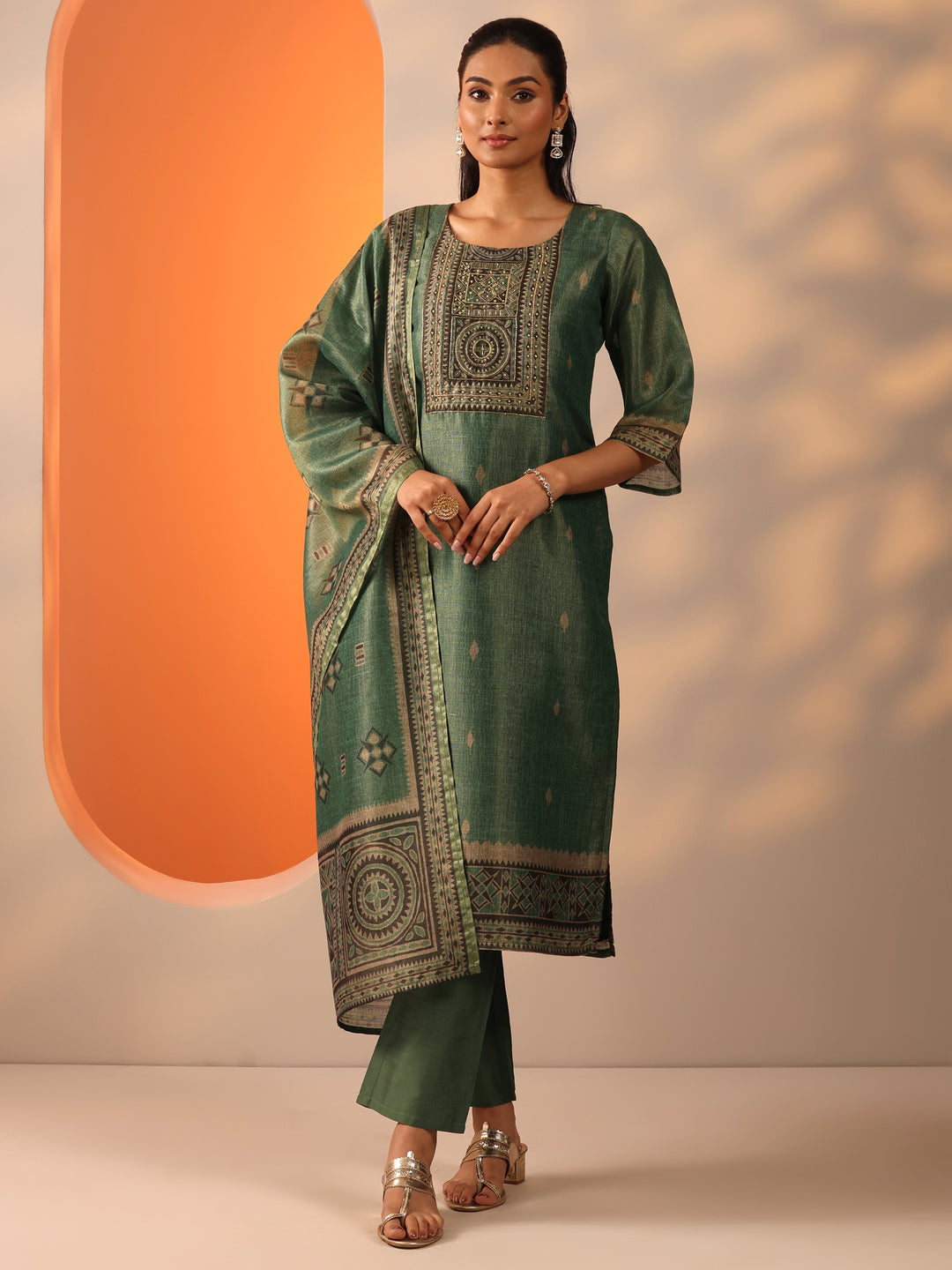 Green Printed Silk Blend Straight Suit Set With Dupatta