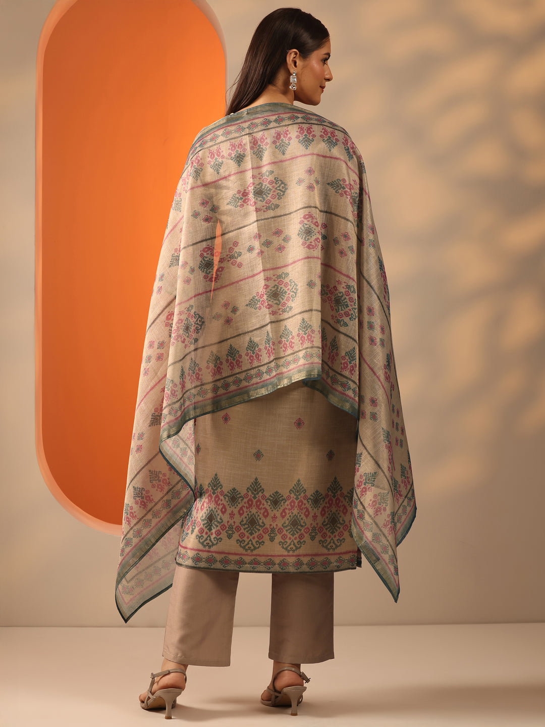 Beige Embroidered Silk Blend Straight Suit Set With Dupatta