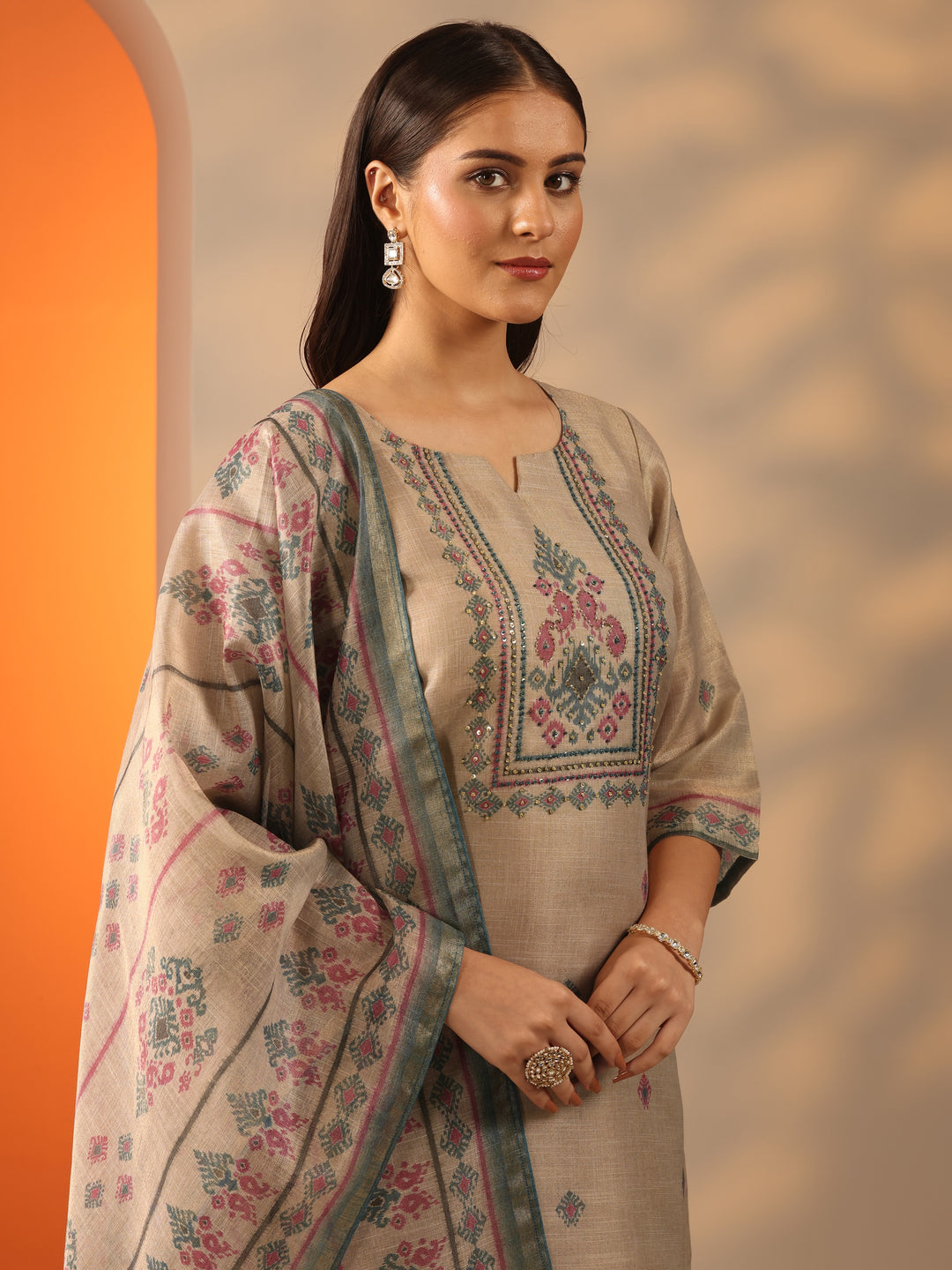 Beige Embroidered Silk Blend Straight Suit Set With Dupatta