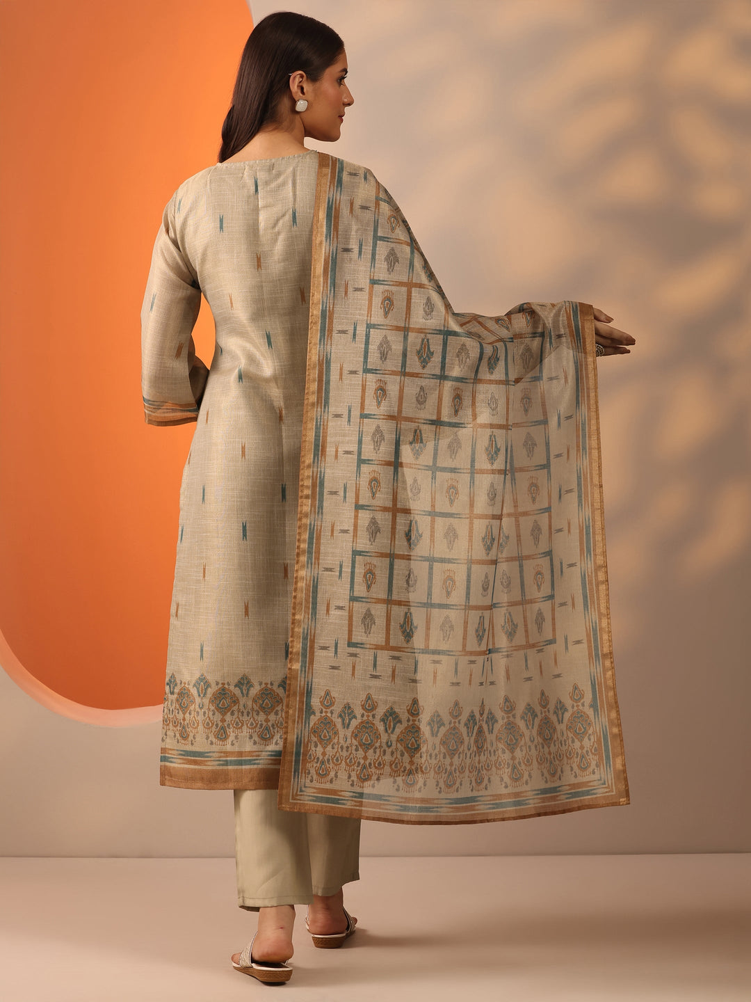 Beige Printed Silk blend Straight Suit Set With Dupatta