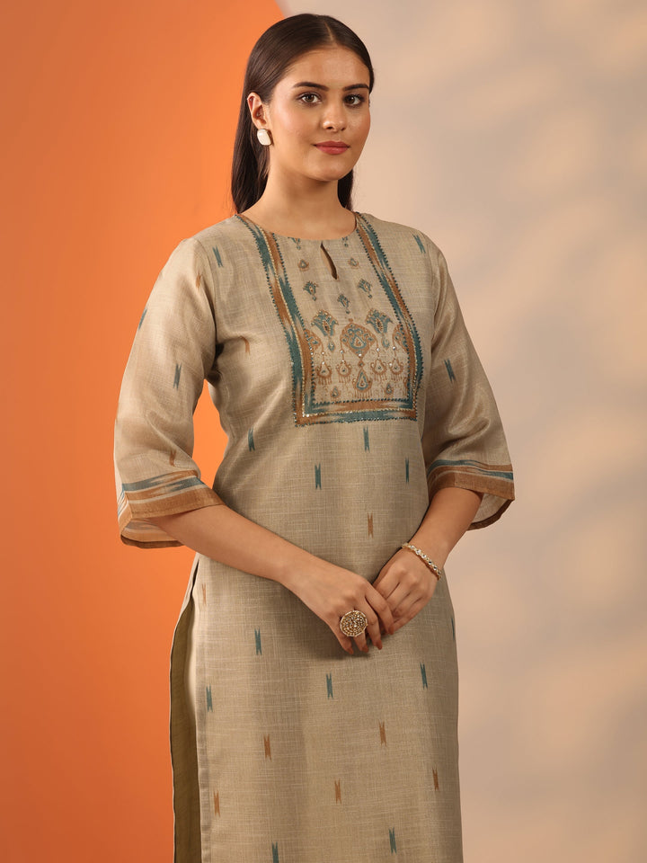 Beige Printed Silk blend Straight Suit Set With Dupatta