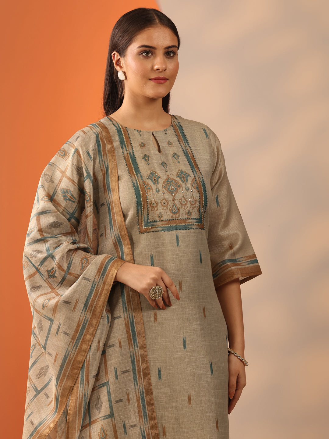 Beige Printed Silk blend Straight Suit Set With Dupatta