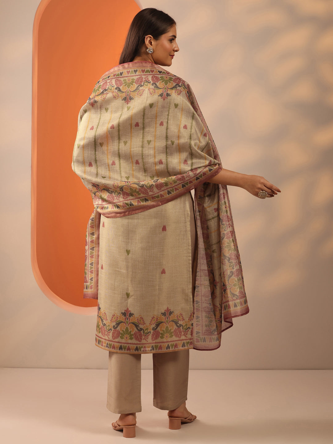 Beige Printed Silk blend Straight Suit Set With Dupatta