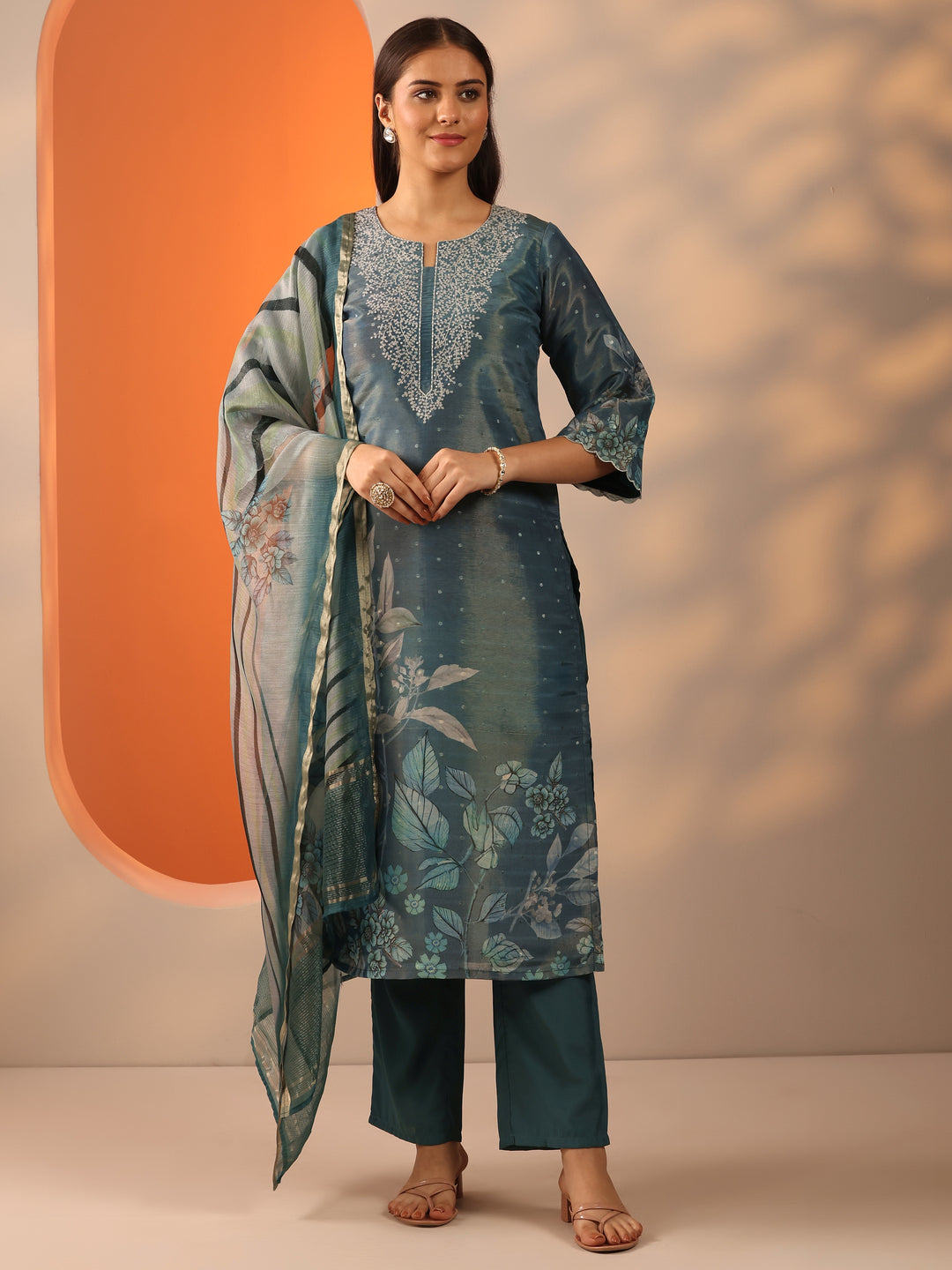 Blue Printed Silk Blend Straight Suit Set With Dupatta