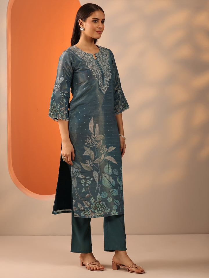 Blue Printed Silk Blend Straight Suit Set With Dupatta