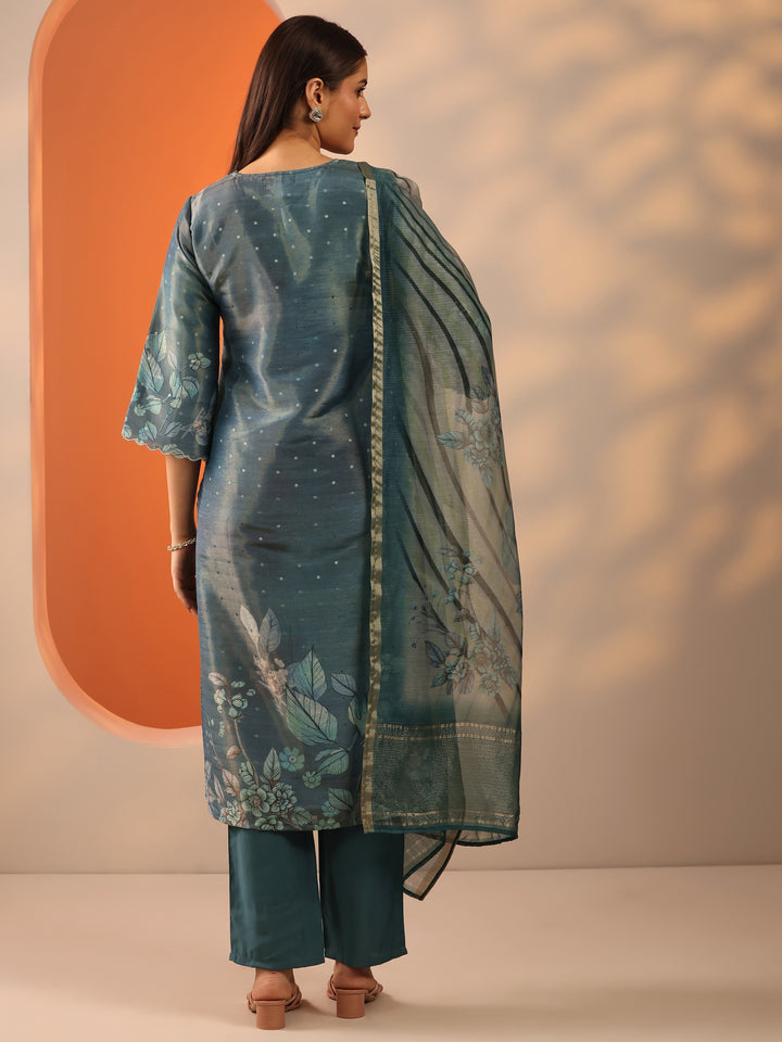 Blue Printed Silk Blend Straight Suit Set With Dupatta