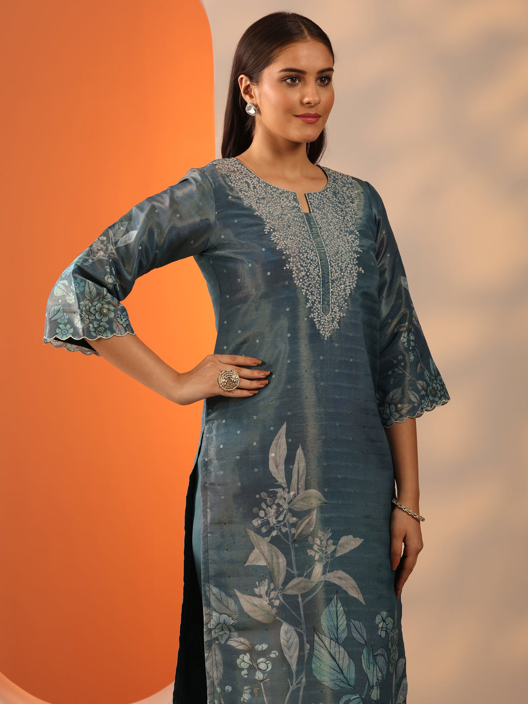 Blue Printed Silk Blend Straight Suit Set With Dupatta