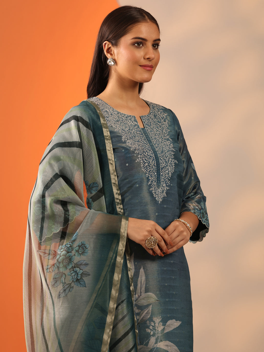 Blue Printed Silk Blend Straight Suit Set With Dupatta