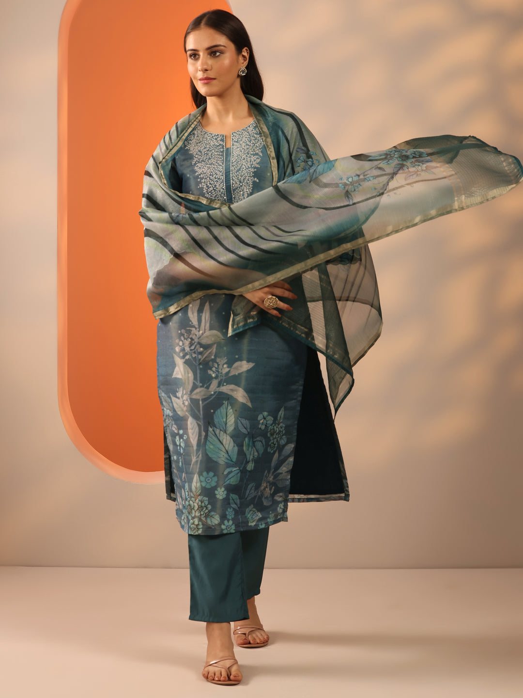 Blue Printed Silk Blend Straight Suit Set With Dupatta