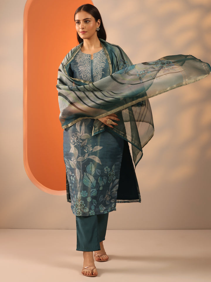 Blue Printed Silk Blend Straight Suit Set With Dupatta
