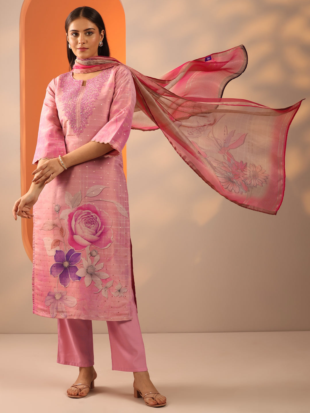 Pink Printed Silk Blend Straight Suit Set With Dupatta