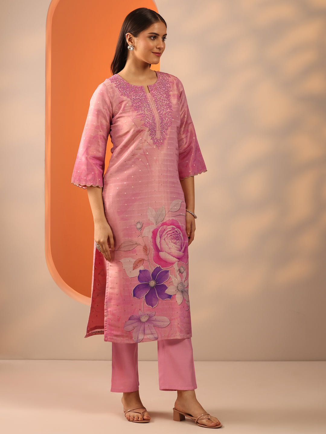 Pink Printed Silk Blend Straight Suit Set With Dupatta
