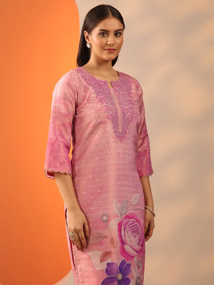 Pink Printed Silk Blend Straight Suit Set With Dupatta