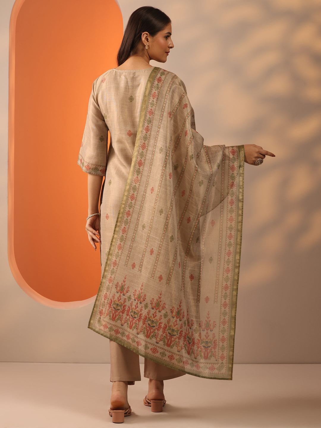 Beige Woven Design Silk blend Straight Suit Set With Dupatta