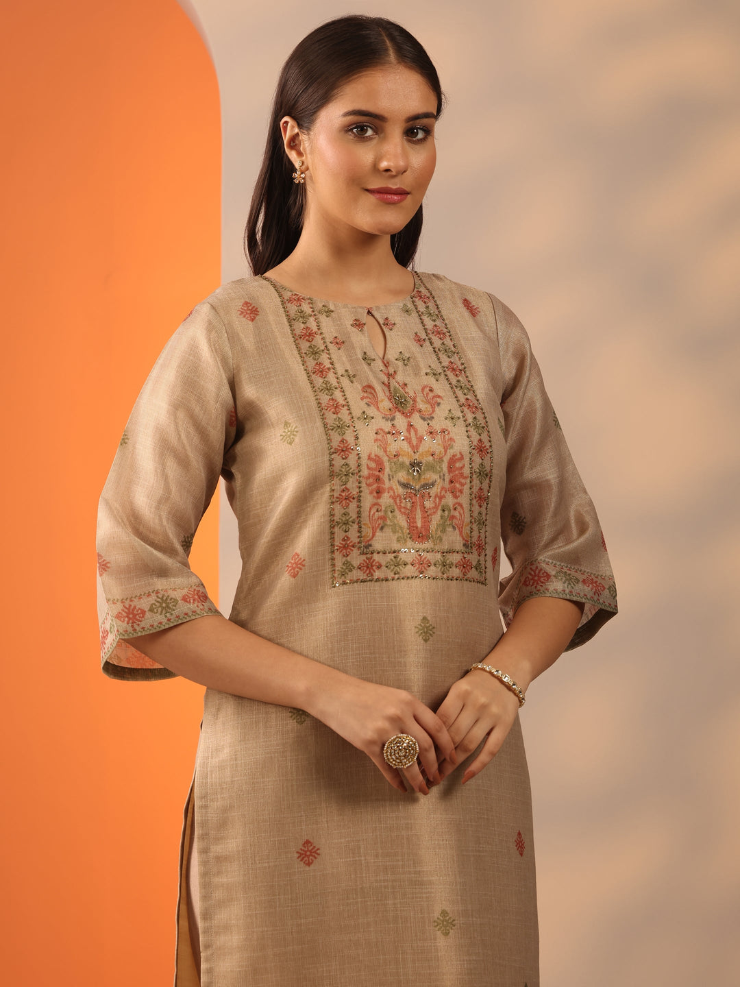 Beige Woven Design Silk blend Straight Suit Set With Dupatta