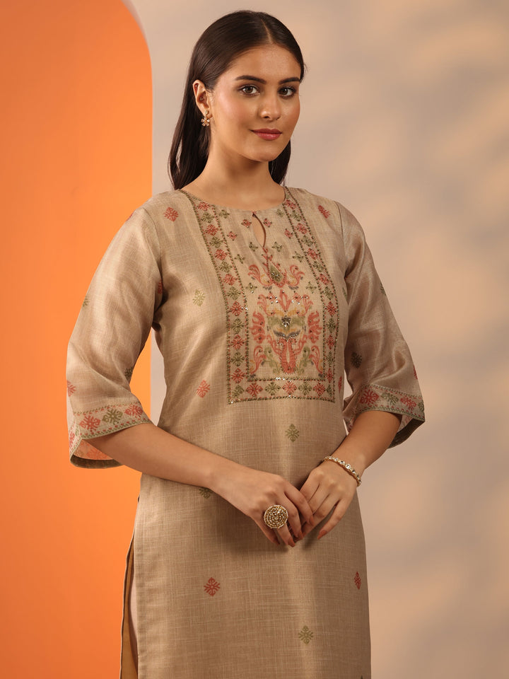 Beige Woven Design Silk blend Straight Suit Set With Dupatta
