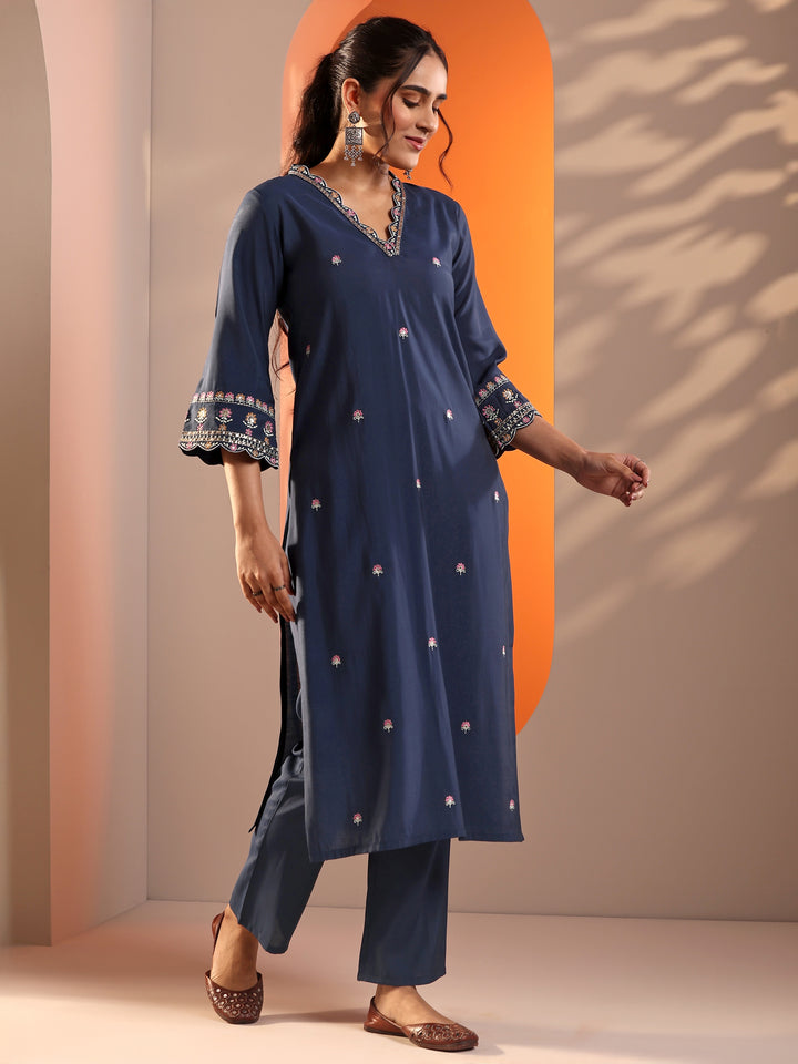 Navy Blue Embellished Silk Blend Straight Suit Set With Dupatta