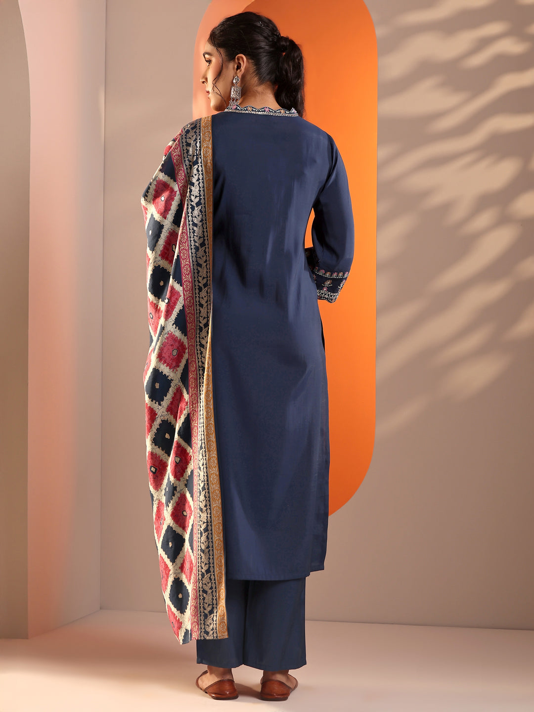 Navy Blue Embellished Silk Blend Straight Suit Set With Dupatta