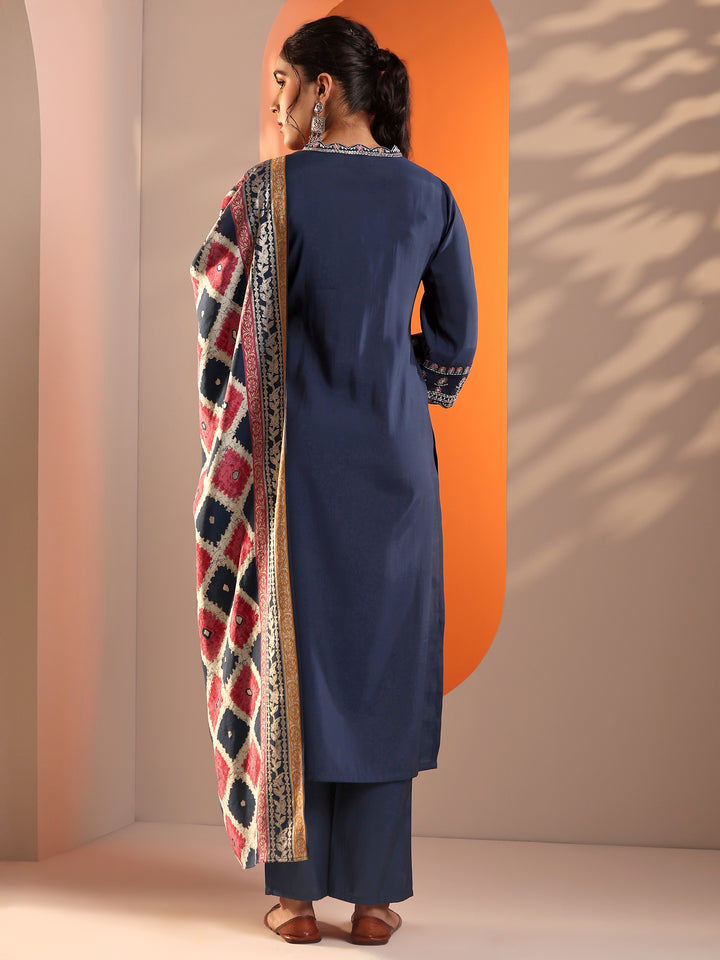 Navy Blue Embellished Silk Blend Straight Suit Set With Dupatta