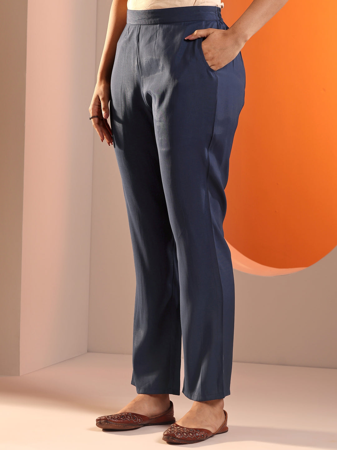 Navy Blue Embellished Silk Blend Straight Suit Set With Dupatta