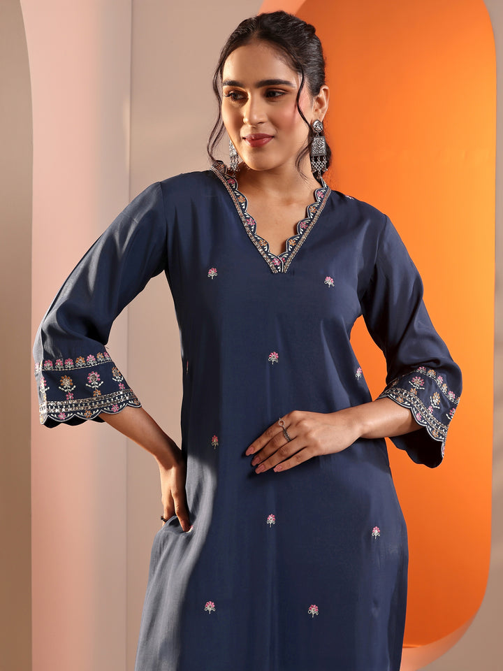 Navy Blue Embellished Silk Blend Straight Suit Set With Dupatta