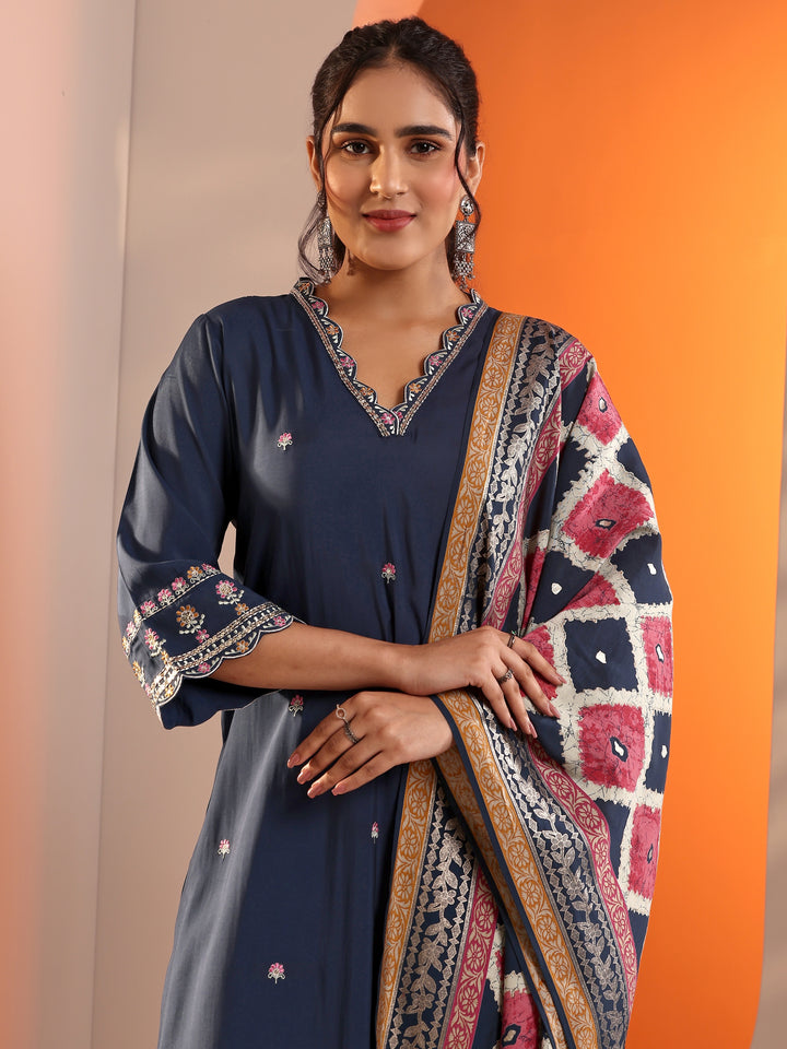 Navy Blue Embellished Silk Blend Straight Suit Set With Dupatta