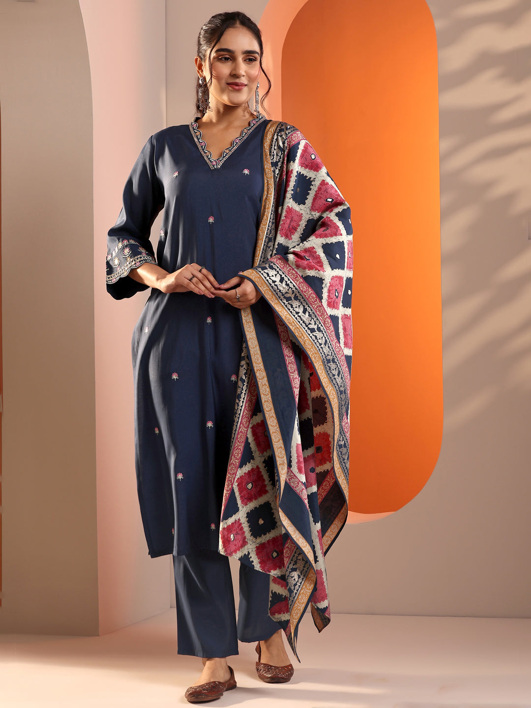 Navy Blue Embellished Silk Blend Straight Suit Set With Dupatta