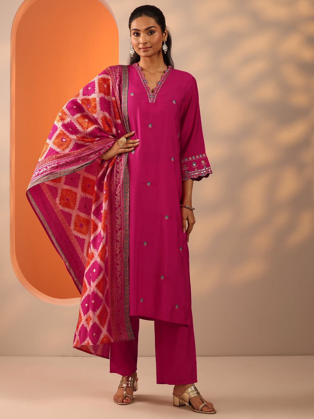 Pink Embellished Silk Blend Straight Suit Set With Dupatta