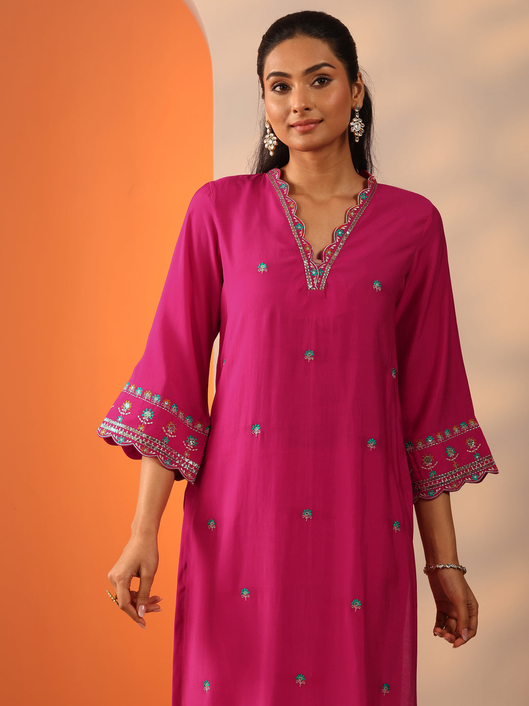 Pink Embellished Silk Blend Straight Suit Set With Dupatta