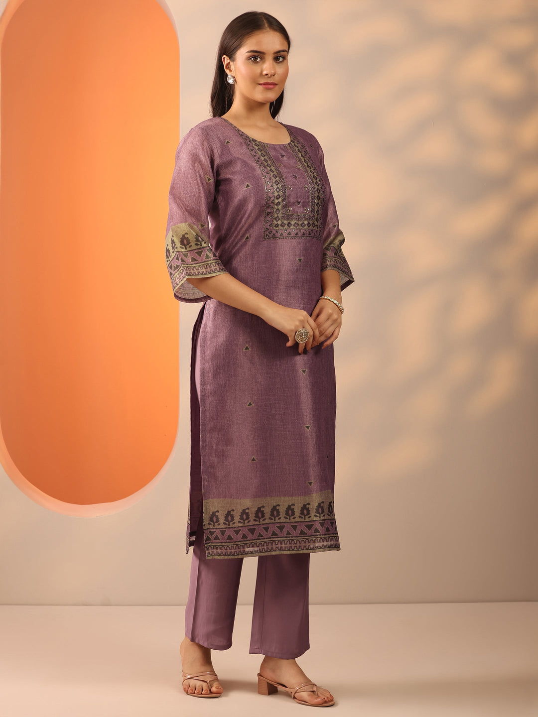 Mauve Printed Silk Blend Straight Suit Set With Dupatta