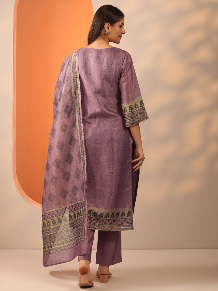 Mauve Printed Silk Blend Straight Suit Set With Dupatta