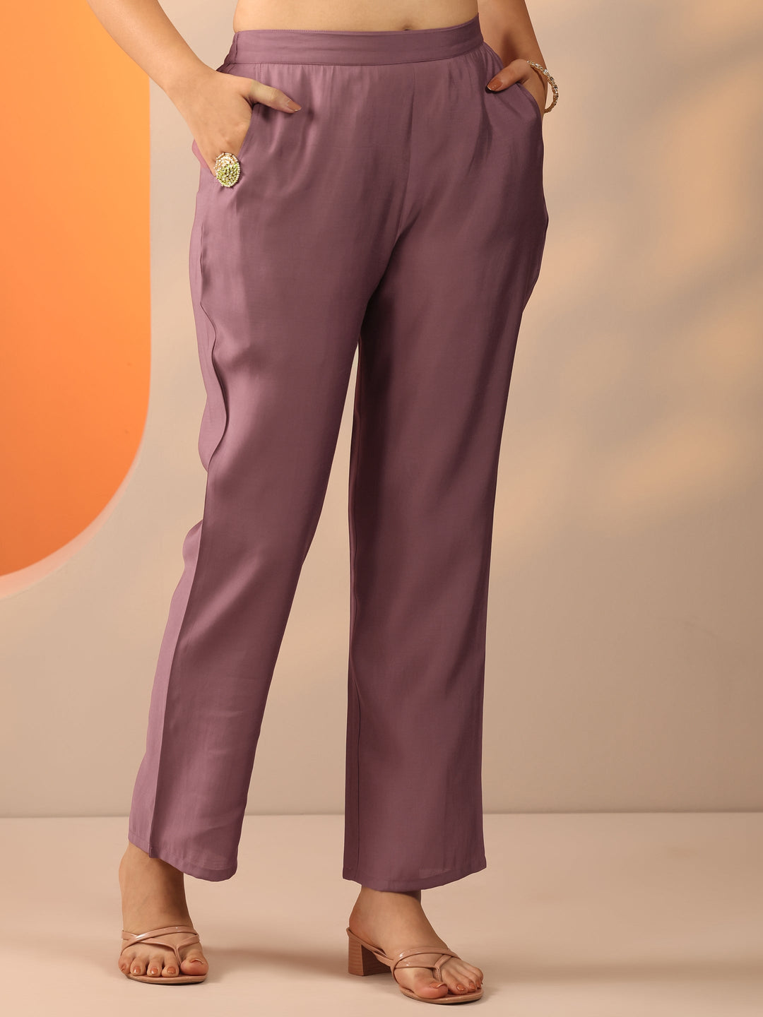Mauve Printed Silk Blend Straight Suit Set With Dupatta