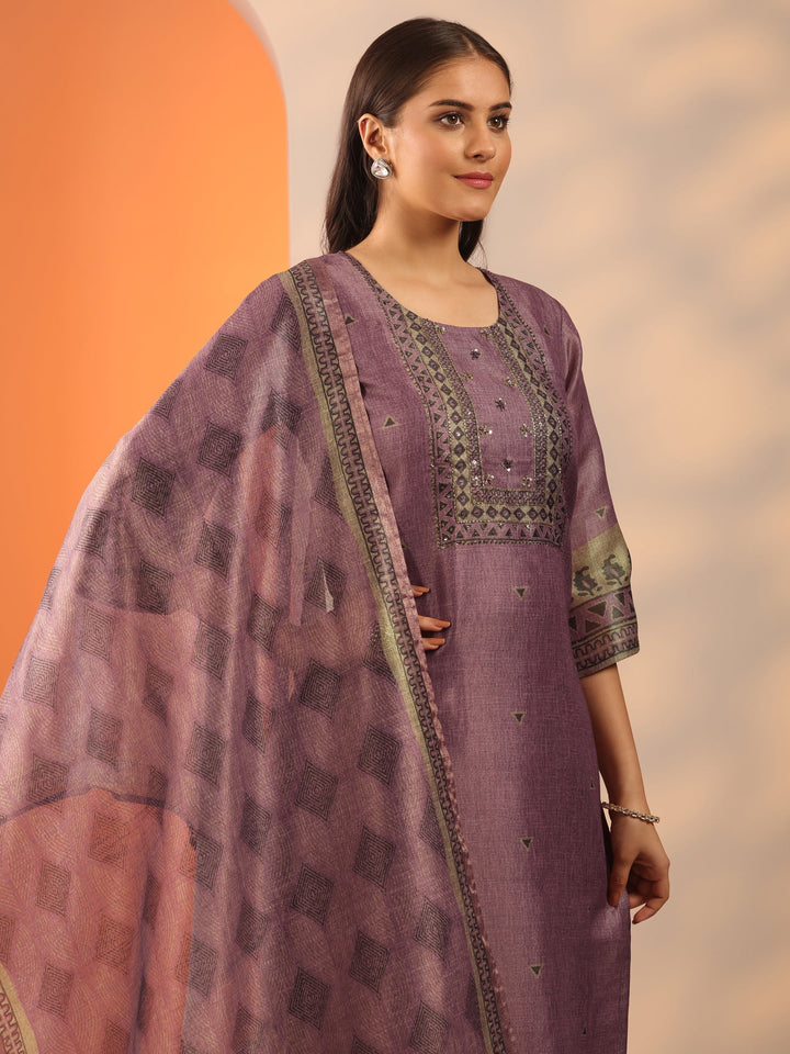 Mauve Printed Silk Blend Straight Suit Set With Dupatta