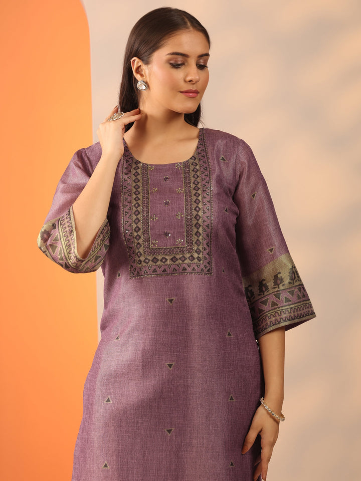 Mauve Printed Silk Blend Straight Suit Set With Dupatta