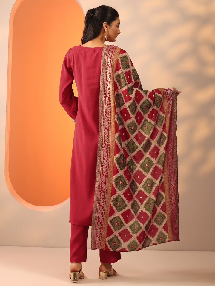Red Embroidered Rayon Straight Suit Set With Dupatta