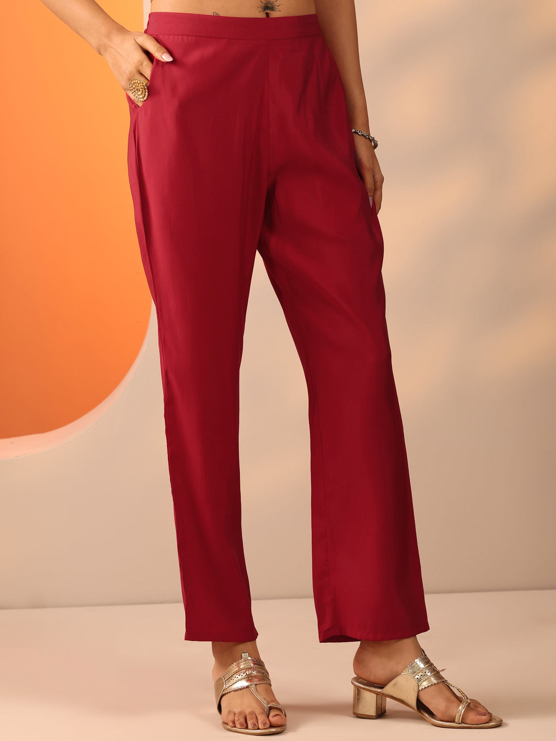 Red Embroidered Rayon Straight Suit Set With Dupatta