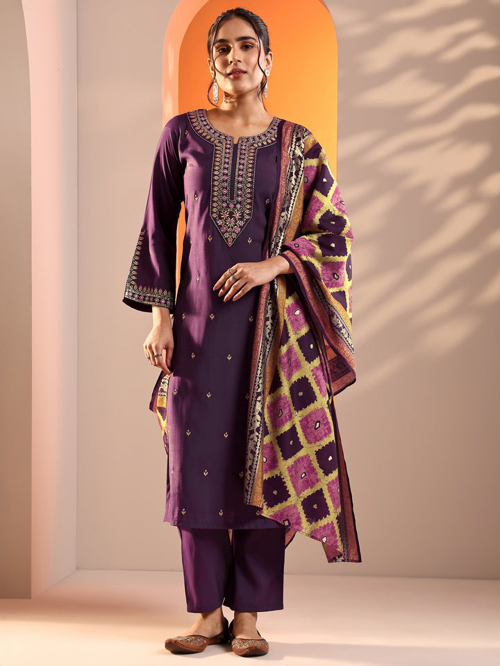 Purple Embroidered Rayon Straight Suit Set With Dupatta