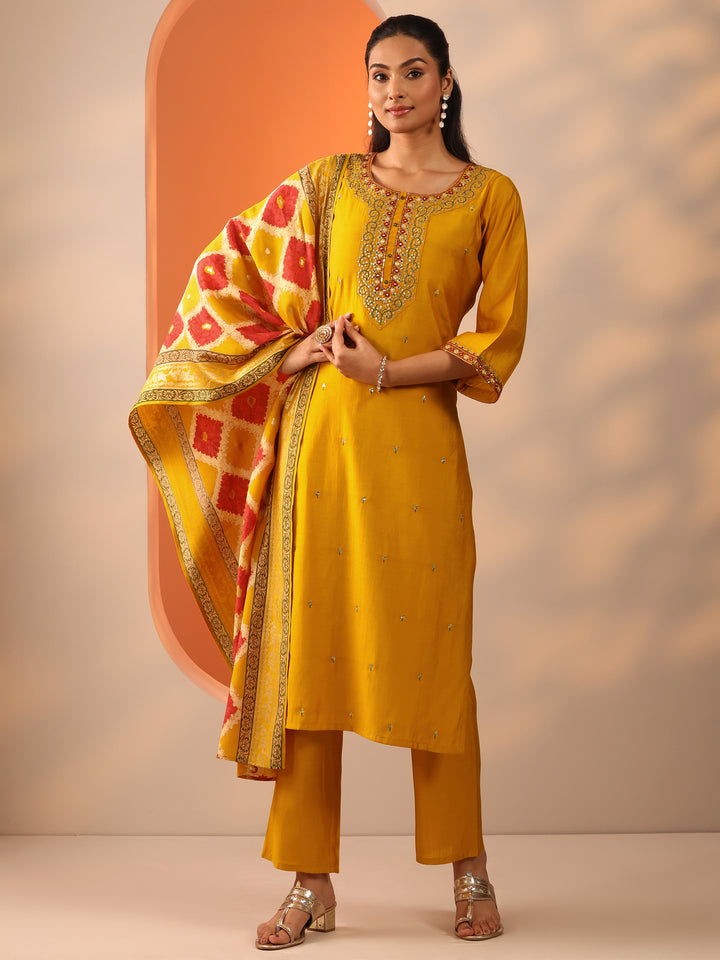 Yellow Embellished Rayon Straight Suit Set With Dupatta