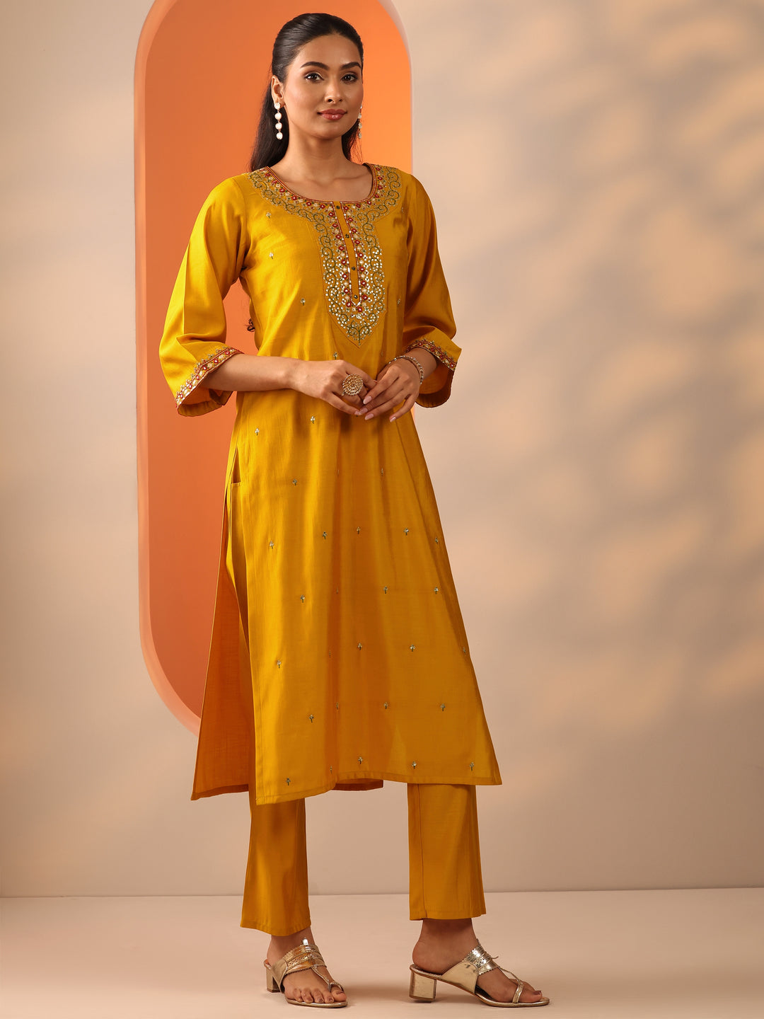 Yellow Embellished Rayon Straight Suit Set With Dupatta