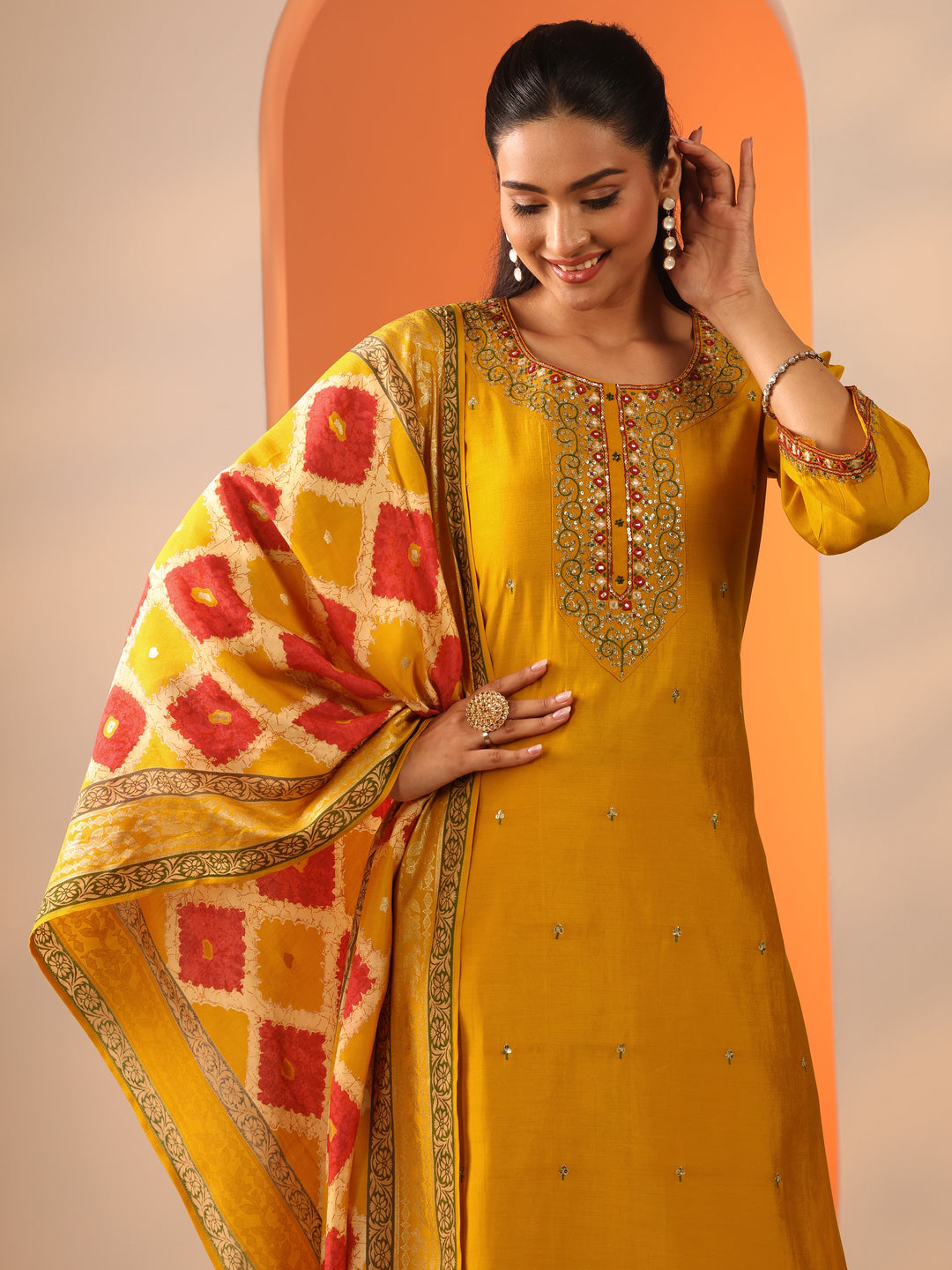 Yellow Embellished Rayon Straight Suit Set With Dupatta
