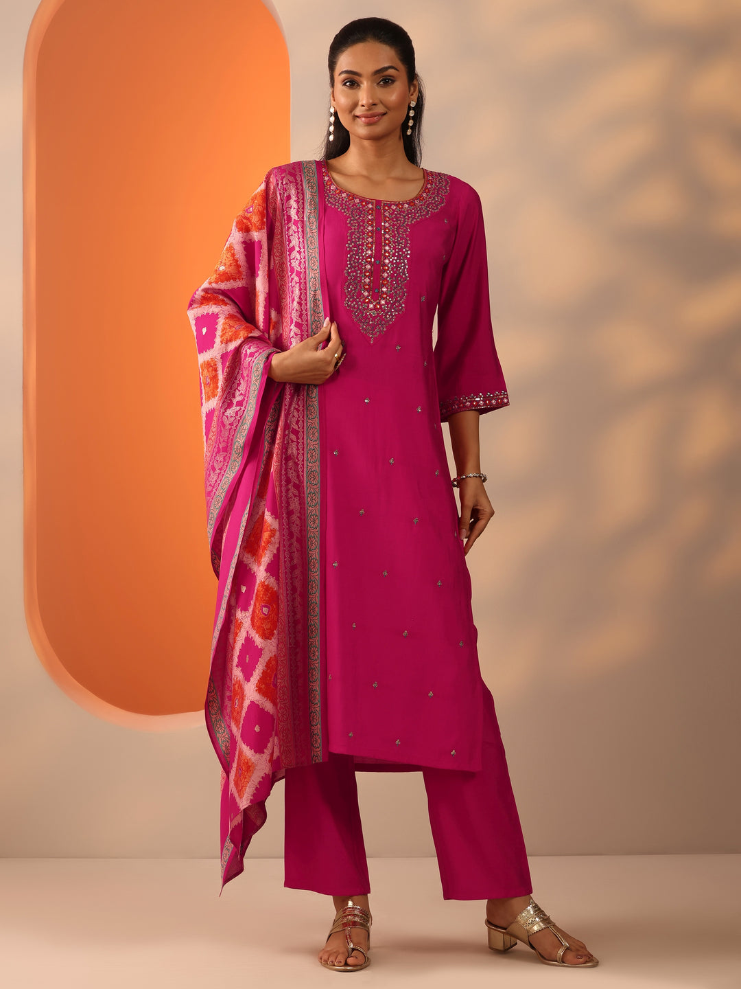 Pink Embellished Rayon Straight Suit Set With Dupatta