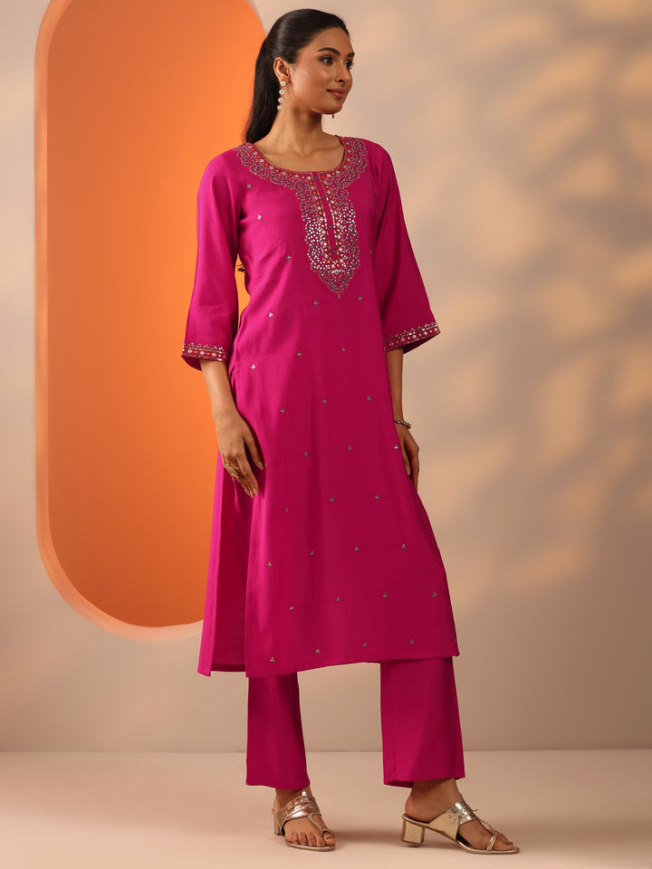 Pink Embellished Rayon Straight Suit Set With Dupatta
