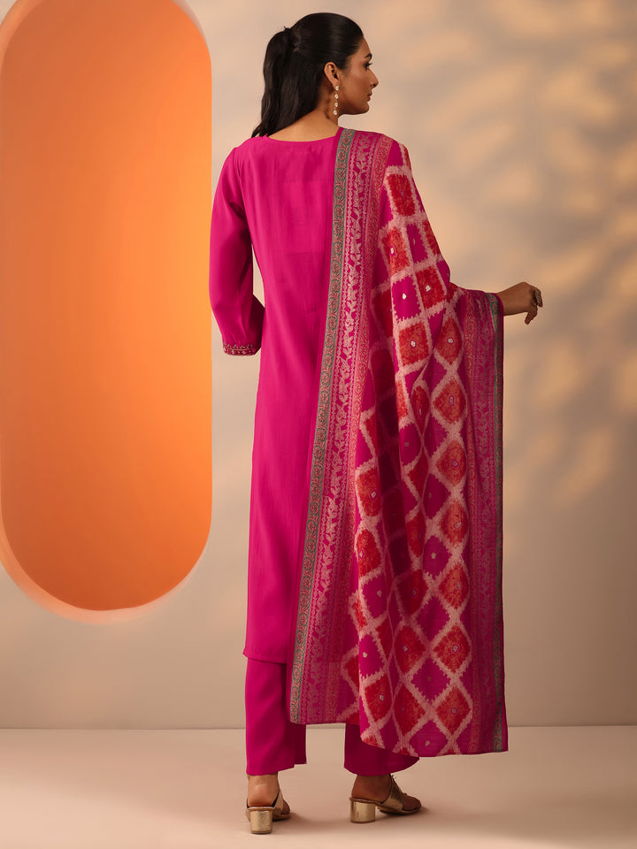 Pink Embellished Rayon Straight Suit Set With Dupatta