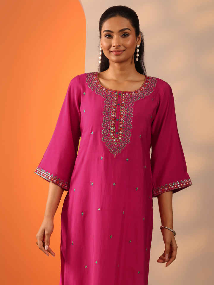 Pink Embellished Rayon Straight Suit Set With Dupatta