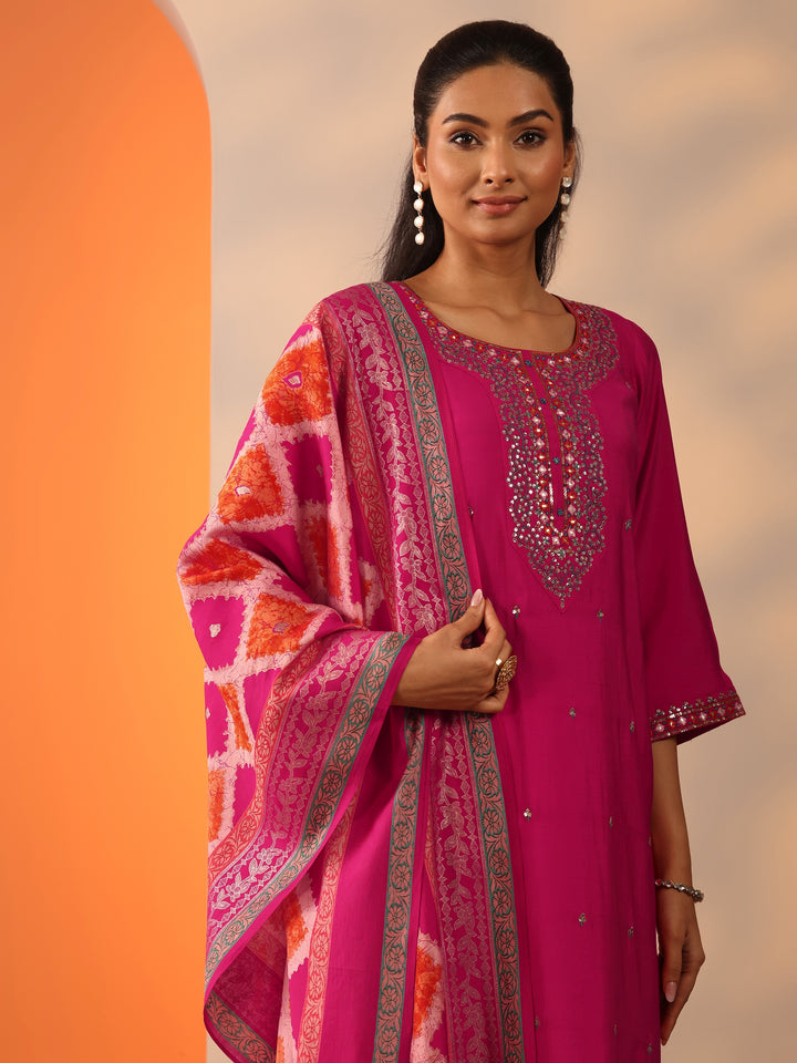 Pink Embellished Rayon Straight Suit Set With Dupatta