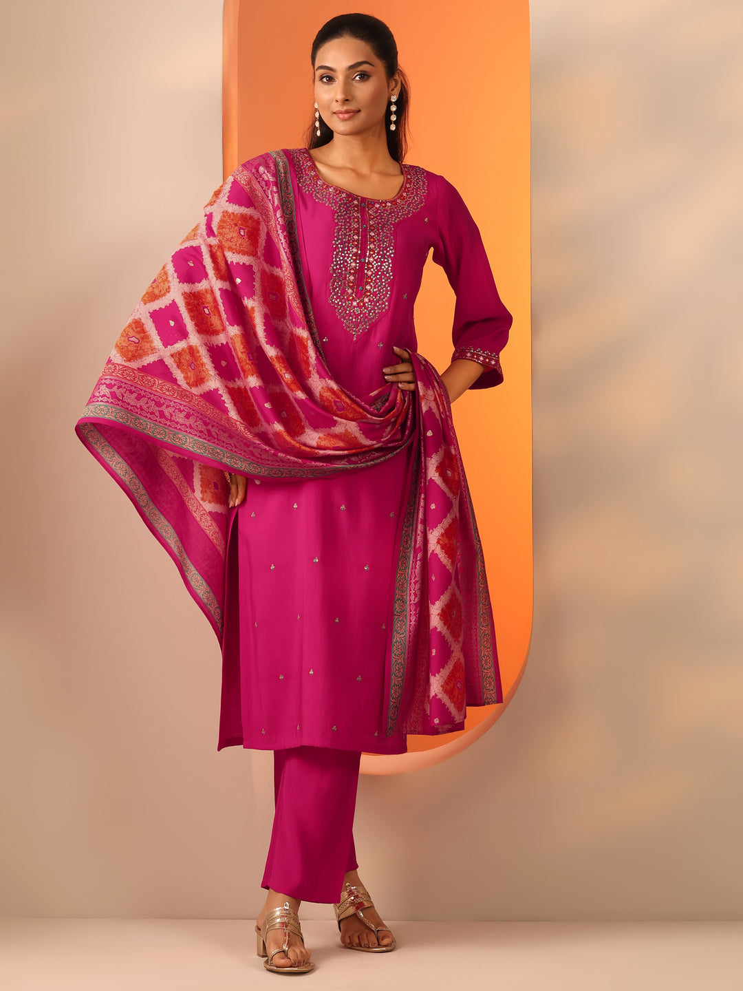 Pink Embellished Rayon Straight Suit Set With Dupatta